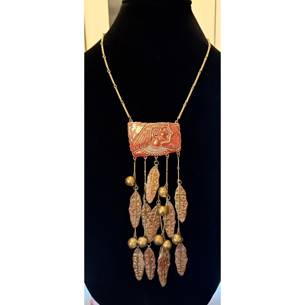 Vintage Lady Face Egyptian Revival Red Huge Waterfall Fringe Dangle Necklace 18"